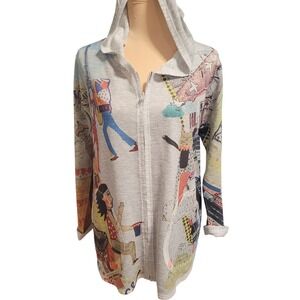 Inoah Zip Hoodie Gray S Paris Cat Graphic Art Print Lagenlook Made in USA Boho